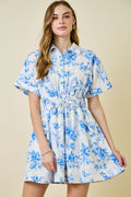 Sybil Short Sleeve Button Down Floral Print Mini Dress Blue