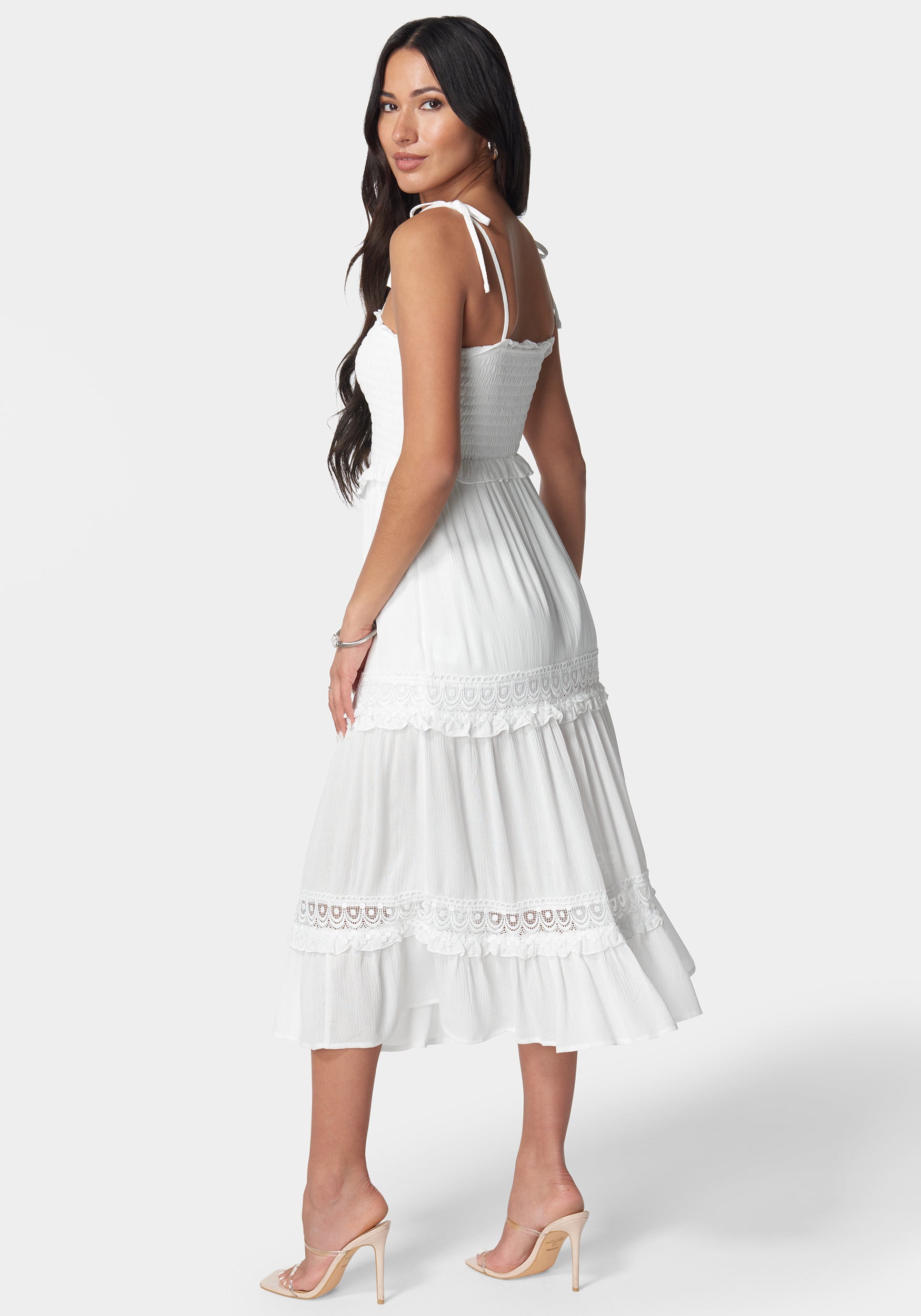 Lace Inset Smocked Midi Dress
