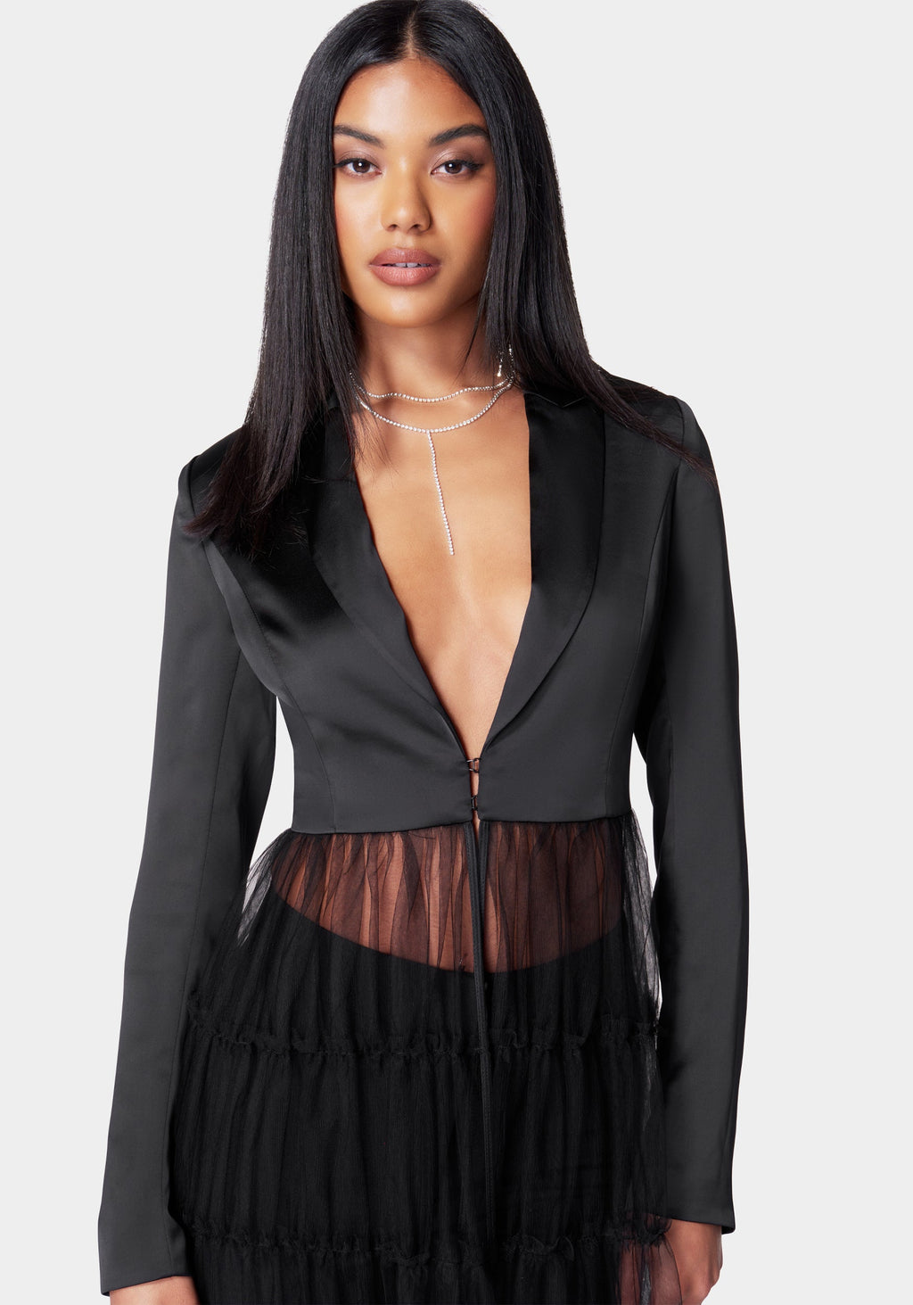 Satin Tailored Jacket With Tulle Hem