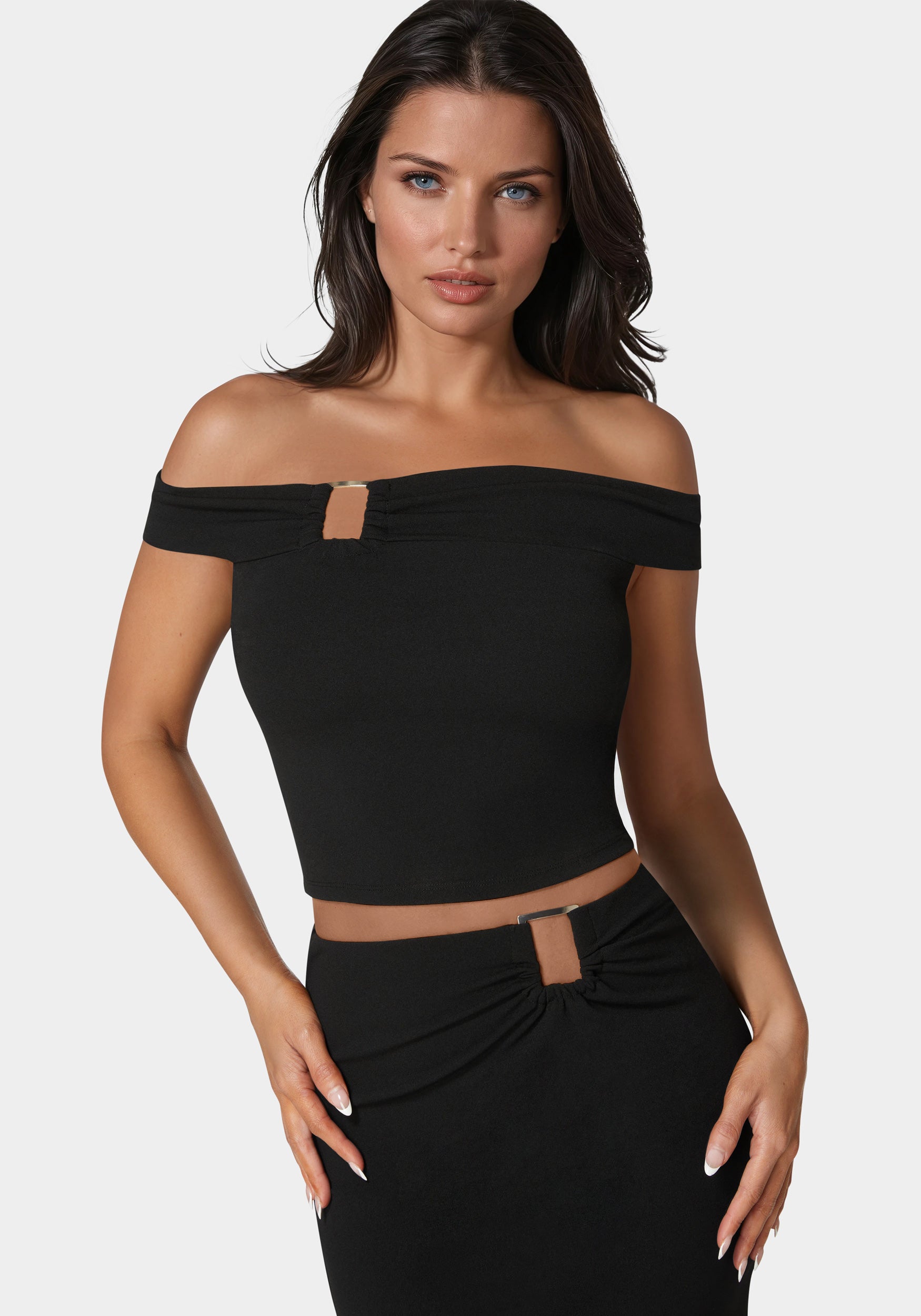 Off Shoulder Metal Trim Top And Skirt