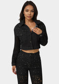 Drop Shoulder Embellished Lace Denim Jacket