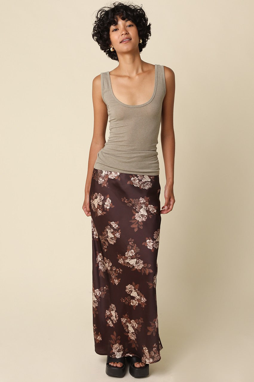 Waitlist  8/20 • Bennett High Waist Pretty Fall Floral Print Satin Maxi Skirt Brown