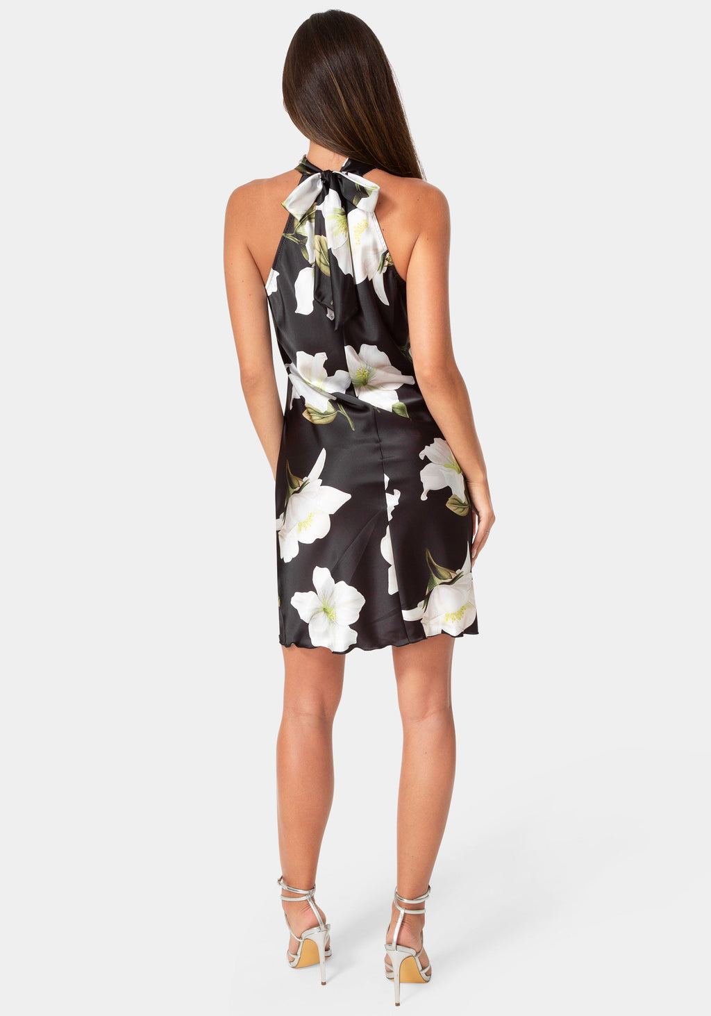 Printed Satin Mock Neck Dress with Bow Back
