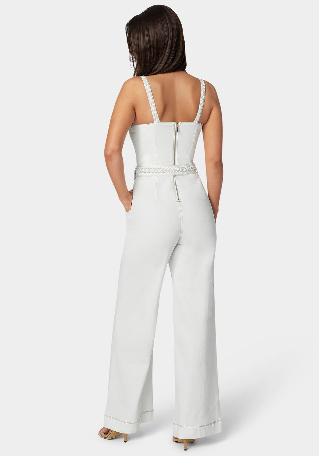 White Braided Wide Leg Denim Jumpsuit
