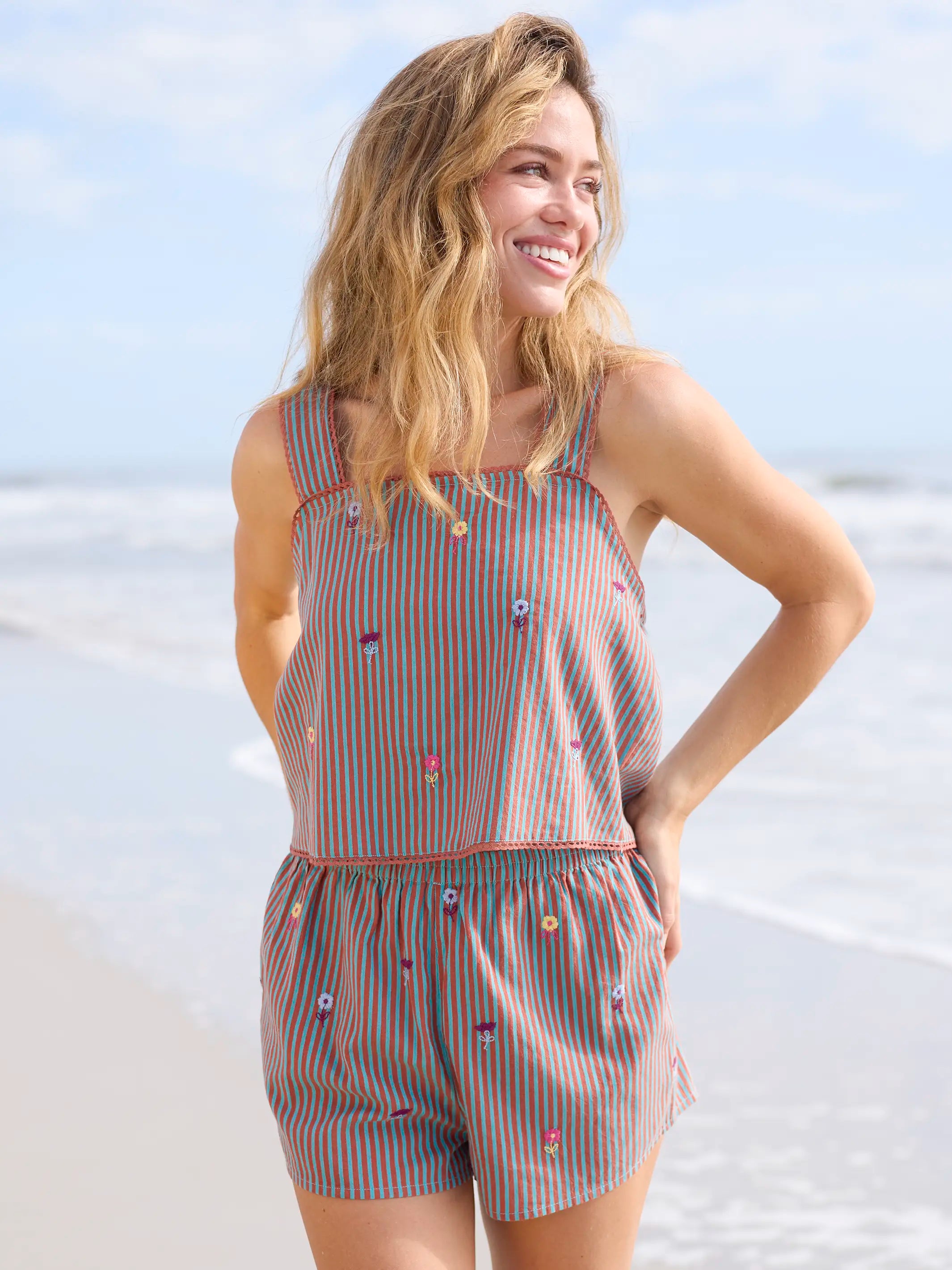Embroidered Striped Tank - Terracotta Tide