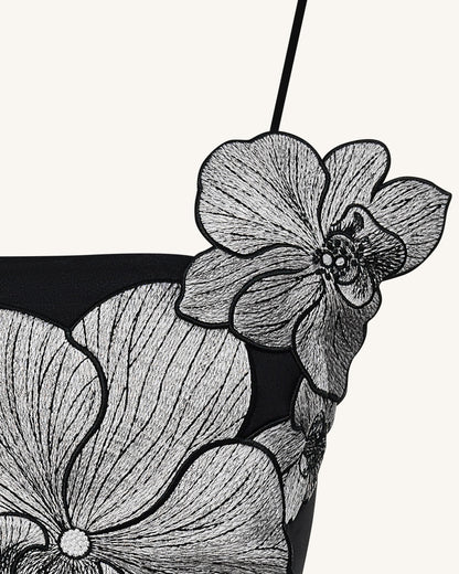 蘭花貼飾迷你洋裝 - 黑色/銀色