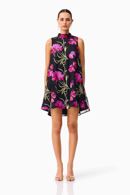 Amaya High Neck Mini Dress in Black & Pink Floral